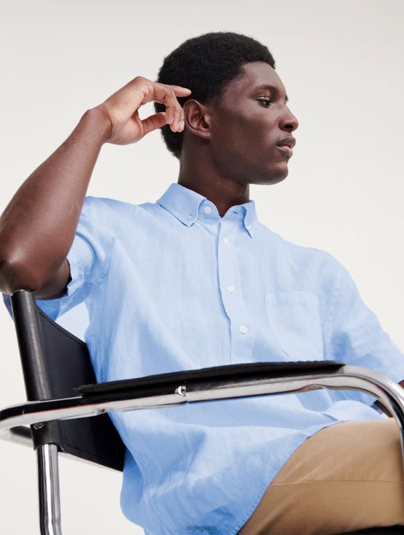 Hommes bleu-ciel Aigle chemise à manches courtes en lin vêtements 2F486131 Hommes bleu-ciel Aigle chemise à manches courtes en lin vêtements 2F486131