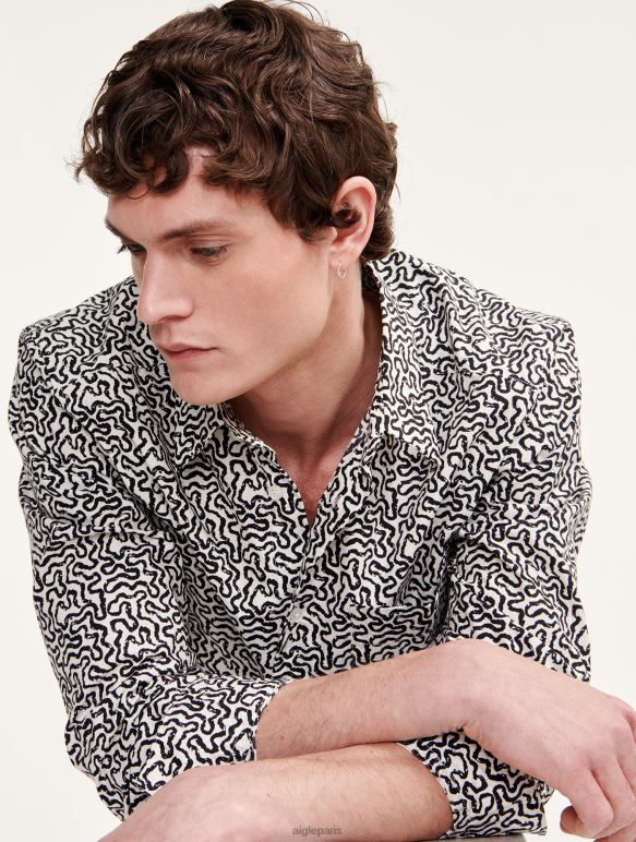 Hommes lait pr Aigle chemise à manches longues en popeline imprimée vêtements 2F48658 Hommes lait pr Aigle chemise à manches longues en popeline imprimée vêtements 2F48658