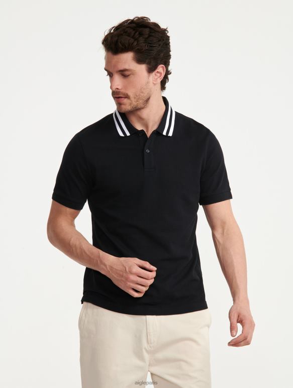 Hommes noir Aigle polo à manches courtes et col à double bande vêtements 2F486121 Hommes noir Aigle polo à manches courtes et col à double bande vêtements 2F486121
